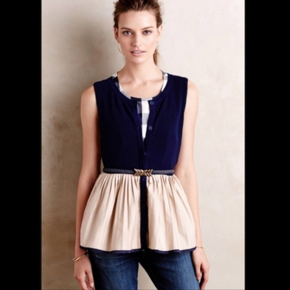 Anthropologie Moth Navy & Cream Sleeveless Peplum Blouse XL | Button Front - Picture 12 of 12